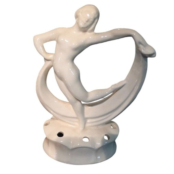 Antique Flower Frog Ceramic Dancing Woman Figurine Ivory Glaze Art Deco 6" - Picture 11 of 11